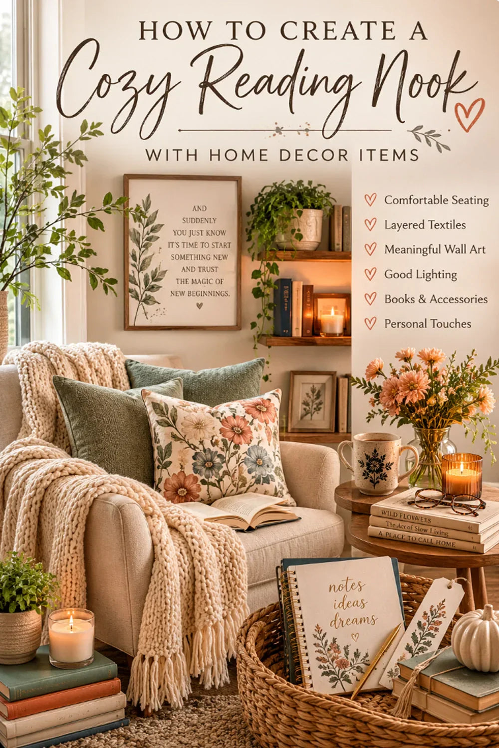 Reading nook styled with a woven throw blanket, decorative pillows, and soft textured home decor