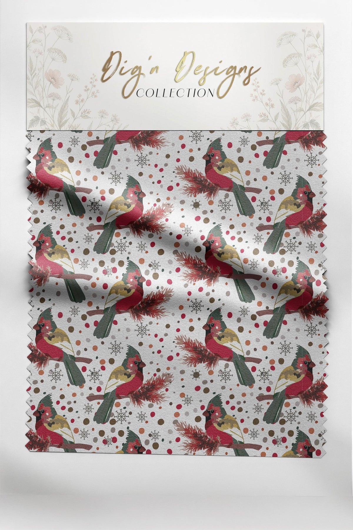 Hearth & Holly Christmas fabric collection by Dig'n Designs, featuring the Cardinal Snowfall print with red cardinals, pine boughs and snowflakes