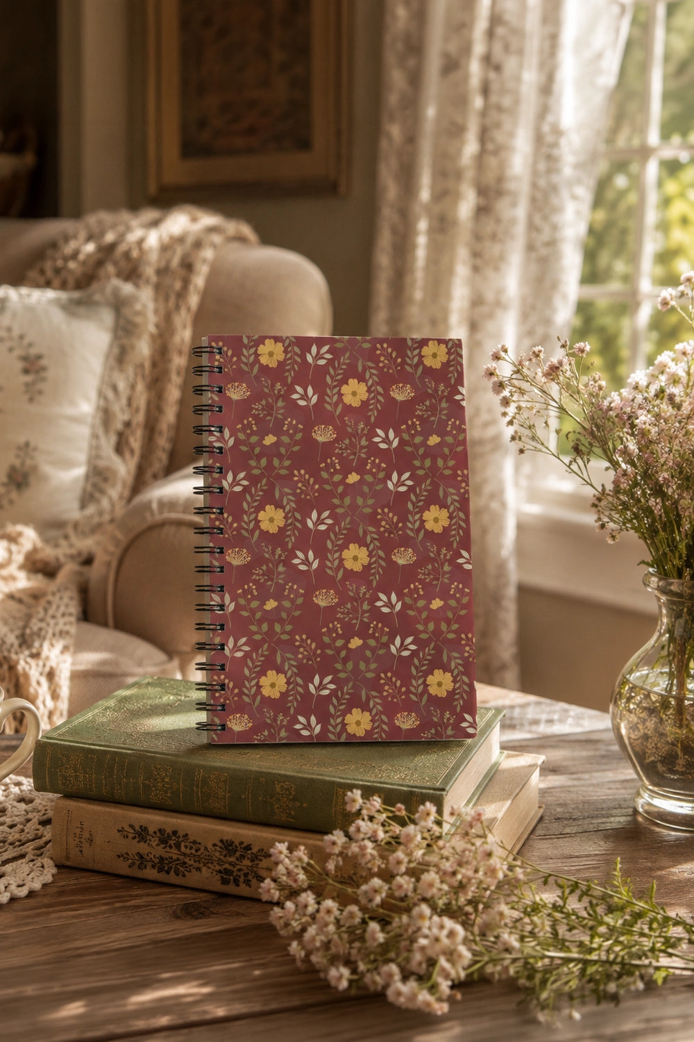 A spiral-bound notebook on a table with books