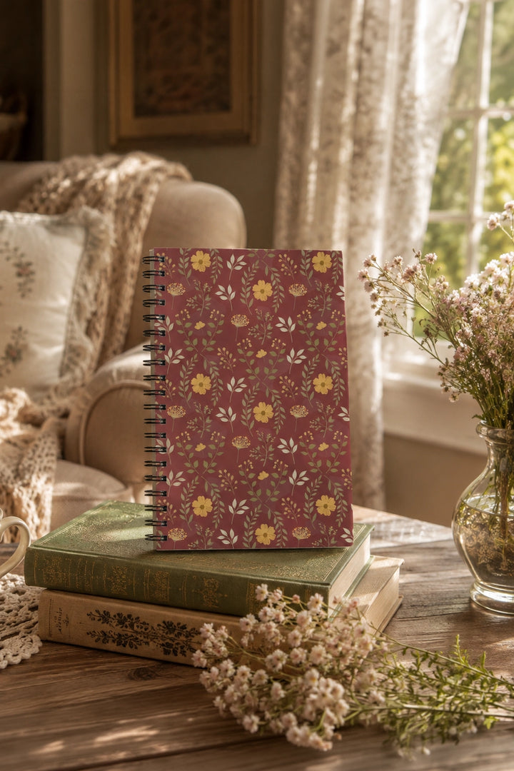 A spiral-bound notebook on a table with books