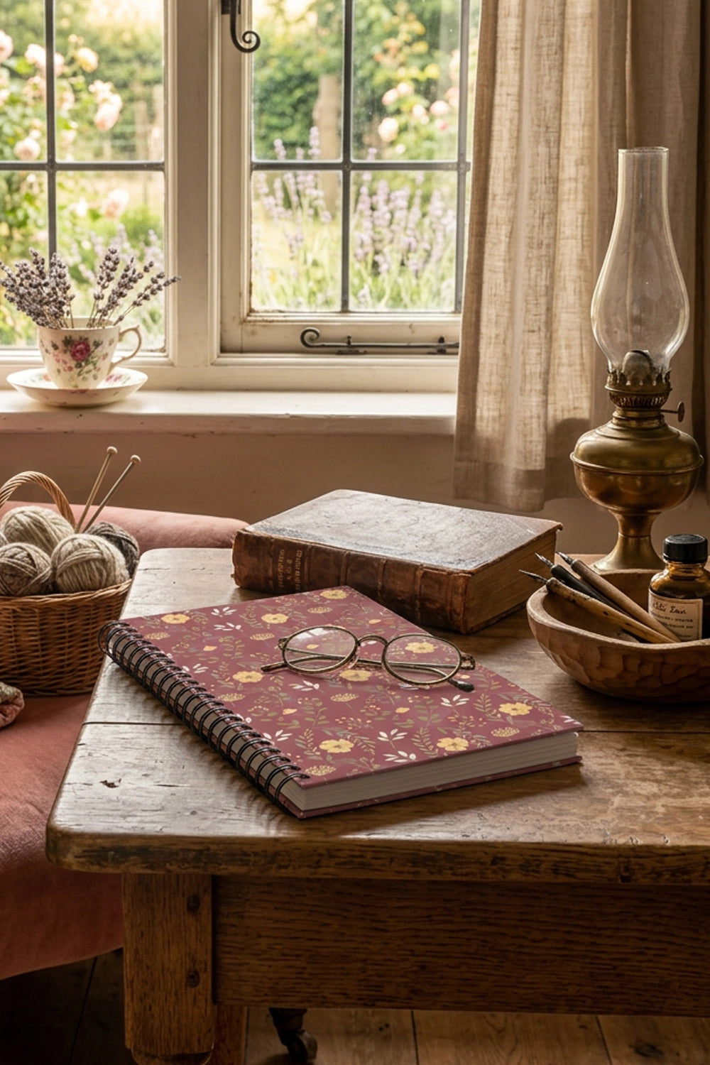 A spiral-bound notebook on a table with glasses