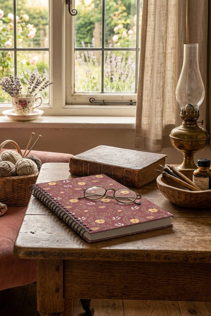 A spiral-bound notebook on a table with glasses