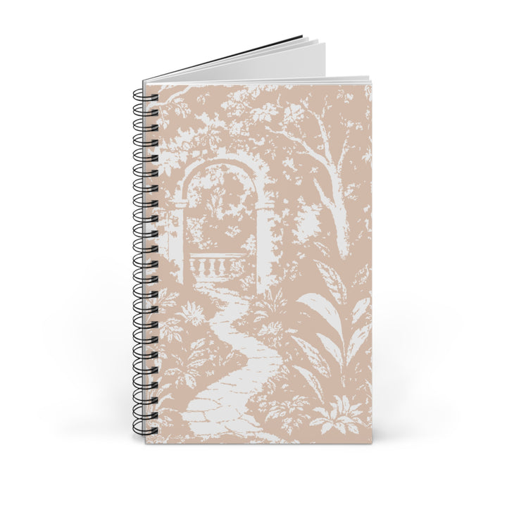A spiral-bound notebook with a beige and white garden-themed pattern on the cover, shown on a clean white background.