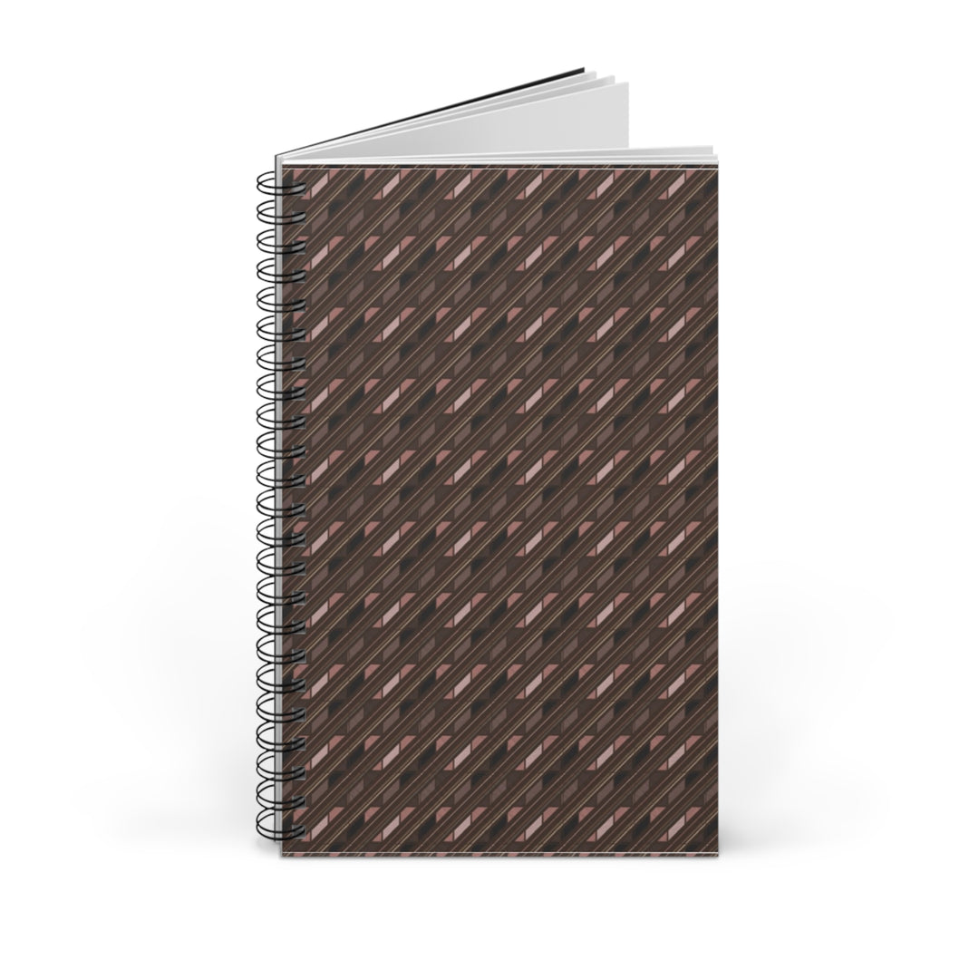 A spiral-bound notebook with a dark brown cover featuring a repeating geometric pattern of diagonal stripes in black and metallic rose gold, shown on a clean white background.