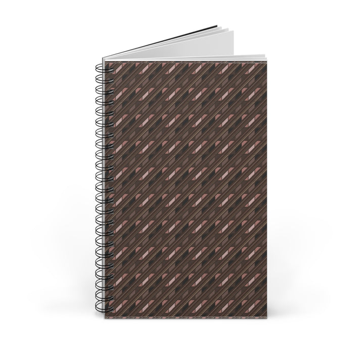 A spiral-bound notebook with a dark brown cover featuring a repeating geometric pattern of diagonal stripes in black and metallic rose gold, shown on a clean white background.