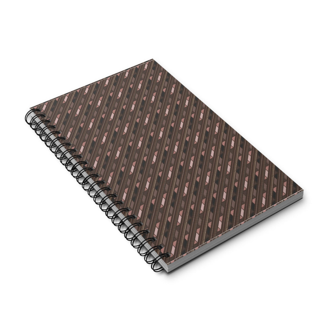 A spiral-bound notebook with a dark brown cover featuring a repeating pattern of vertical pink and black stripes, shown on a clean white background.