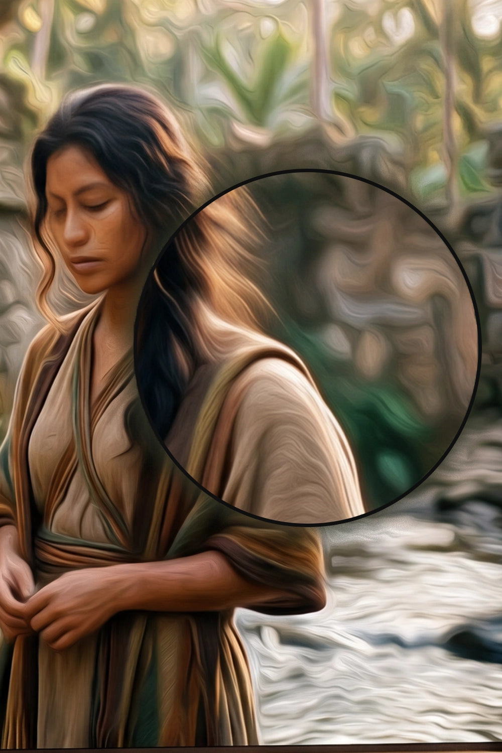 Abish in a beige outfit standing by a stream with a circular inset showing a close-up of their clothing.