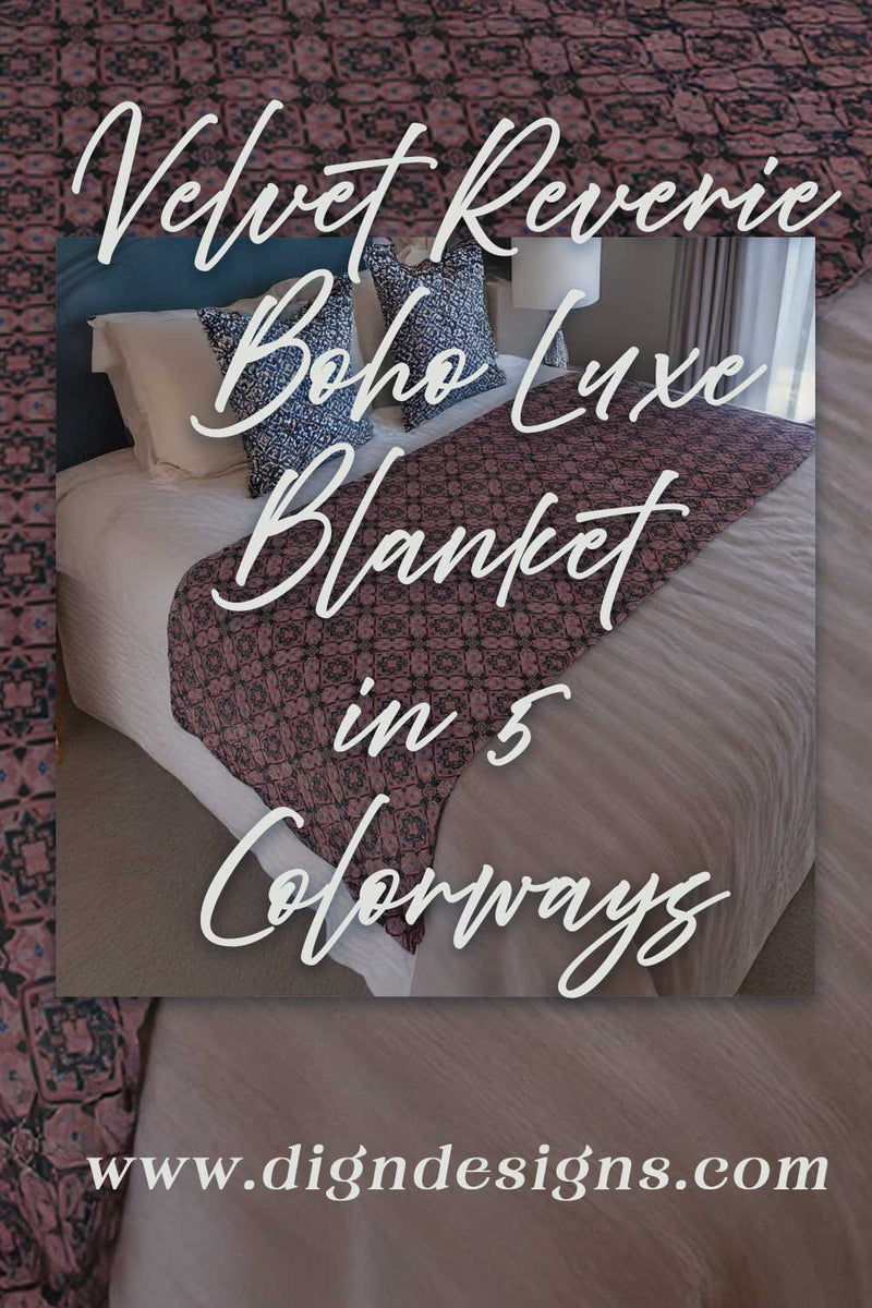Bed with a Velvet Reverie Boho Luxe Blanket, text overlay with product details and website.