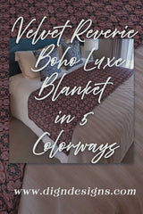 Bed with a Velvet Reverie Boho Luxe Blanket, text overlay with product details and website.