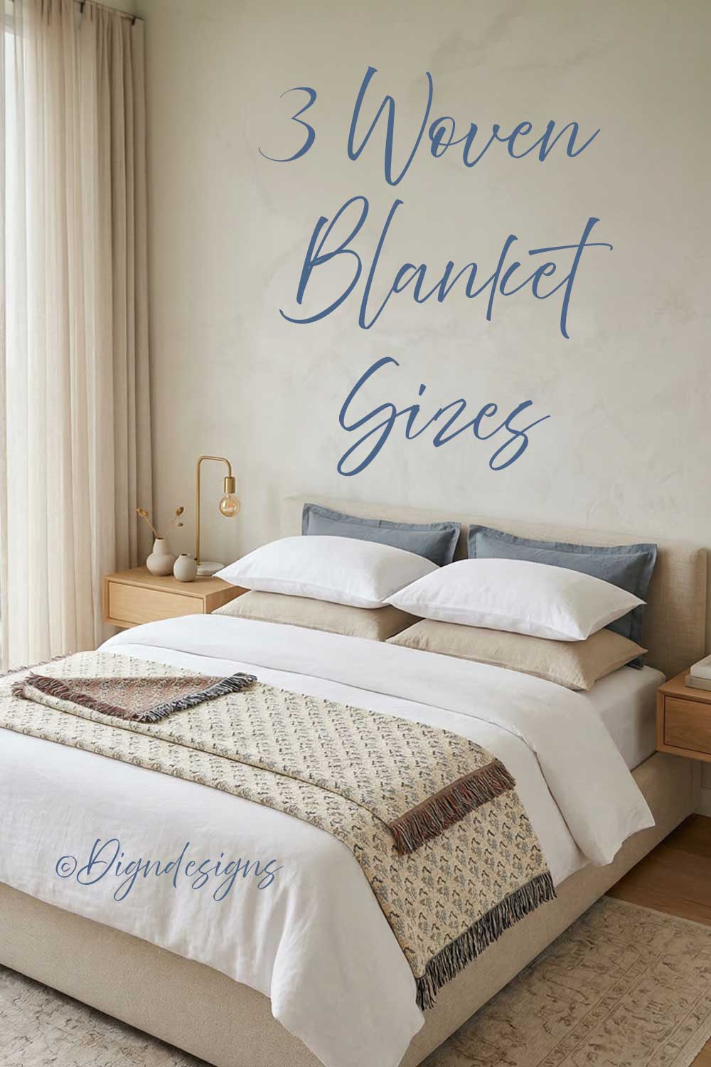 Bedroom with woven blanket and text overlay about blanket sizes