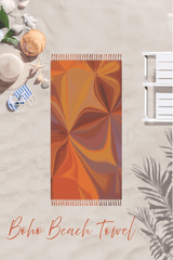 Boho beach towel with abstract pattern on a sandy background