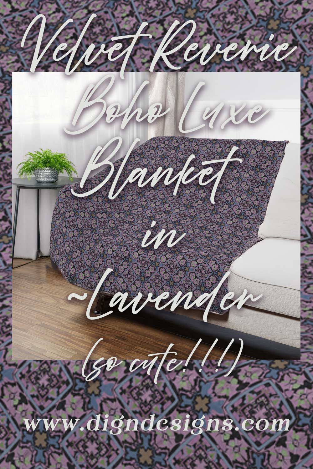 Boho luxe blanket in lavender on a couch with decorative text and website URL.