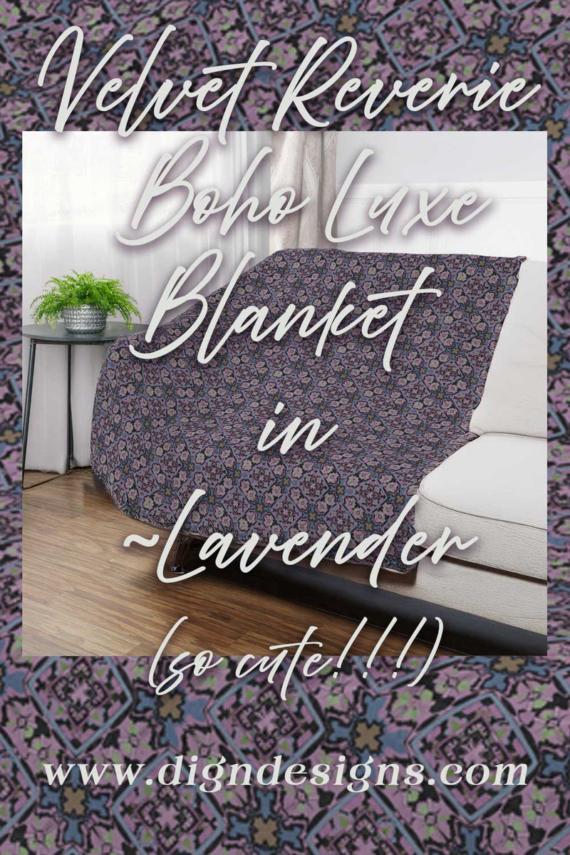 Boho luxe blanket in lavender on a couch with decorative text and website URL.