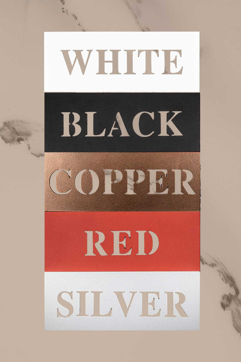 Color swatch card with white, black, copper, red, and silver text on a beige background