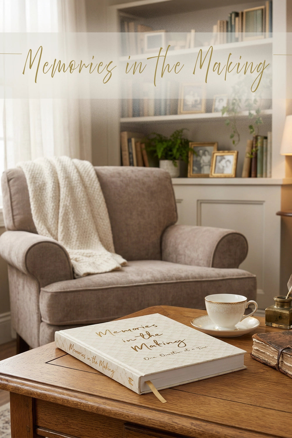 Cozy living room with a brown armchair, coffee table, and &