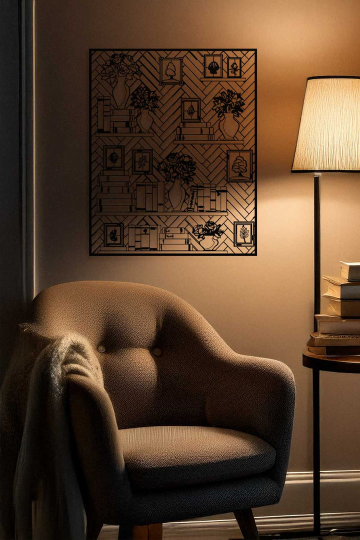 Cozy living room with a brown armchair, lamp, and decorative wall art.