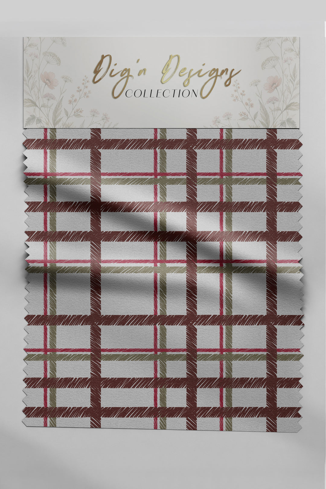 Cranberry Cabin Plaid Christmas fabric swatch with hand-sketched cranberry, sage green and red plaid on winter white, from the Hearth & Holly Collection by Dig'n Designs