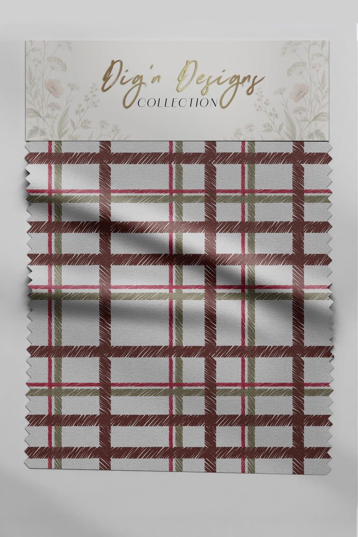 Cranberry Cabin Plaid Christmas fabric swatch with hand-sketched cranberry, sage green and red plaid on winter white, from the Hearth &amp; Holly Collection by Dig&