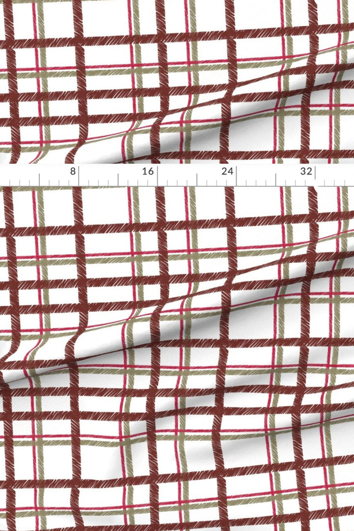 Cranberry Cabin Plaid Christmas fabric with measurements showing the pattern scale of the hand-drawn plaid
