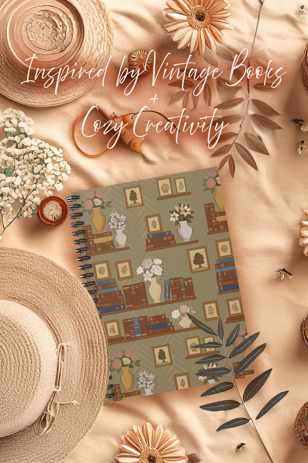 Decorative book with vintage bookshelf design, surrounded by straw hats and flowers on a soft beige background.