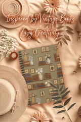 Decorative book with vintage bookshelf design, surrounded by straw hats and flowers on a soft beige background.