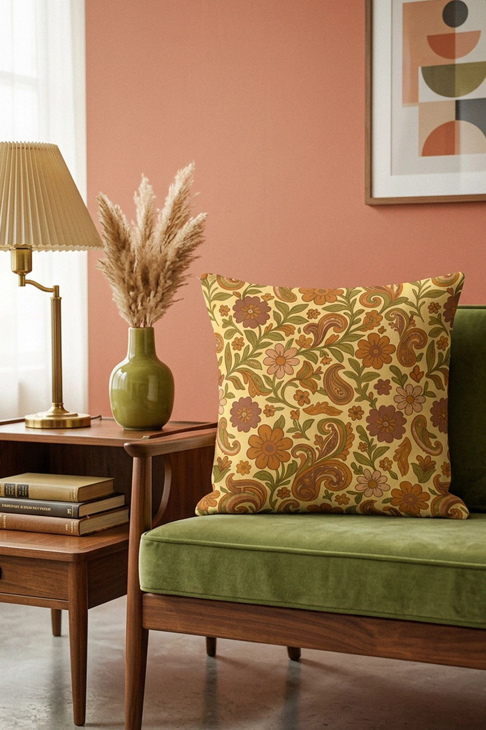 Decorative pillow on a green sofa with a side table and lamp against a pink wall.