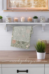 Decorative towel with floral pattern hanging on a wooden shelf with candles and plants.