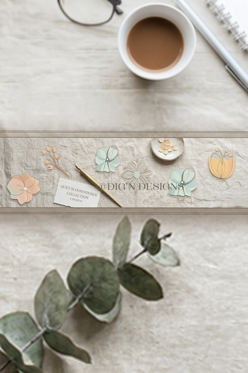 Desk with a cup of coffee, plant, and decorative items on a light surface