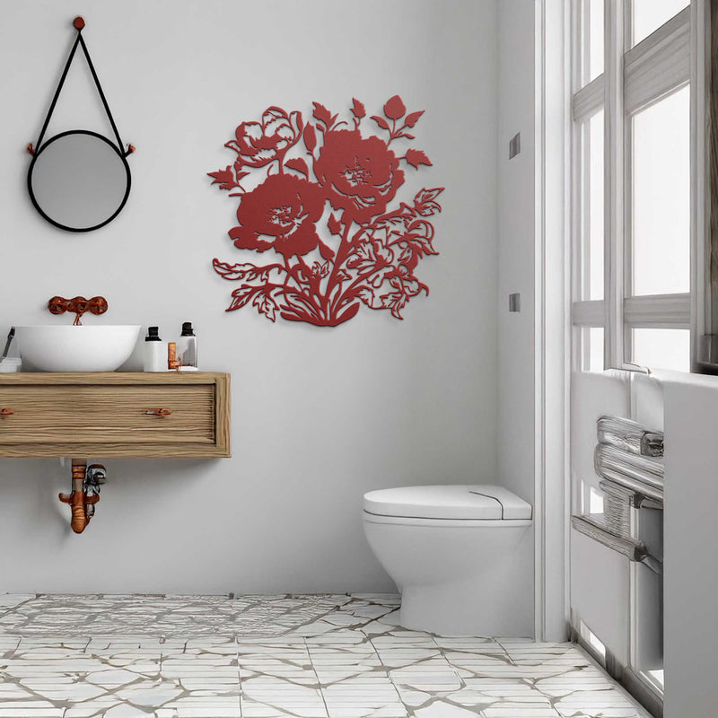 Bathroom interior with a decorative red floral wall decal, wooden vanity, and white toilet.