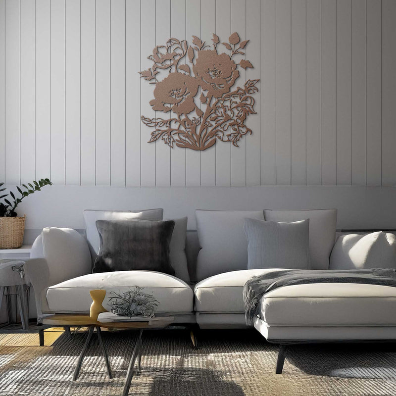 Modern living room with a white sofa, decorative pillows, and a floral wall art piece.