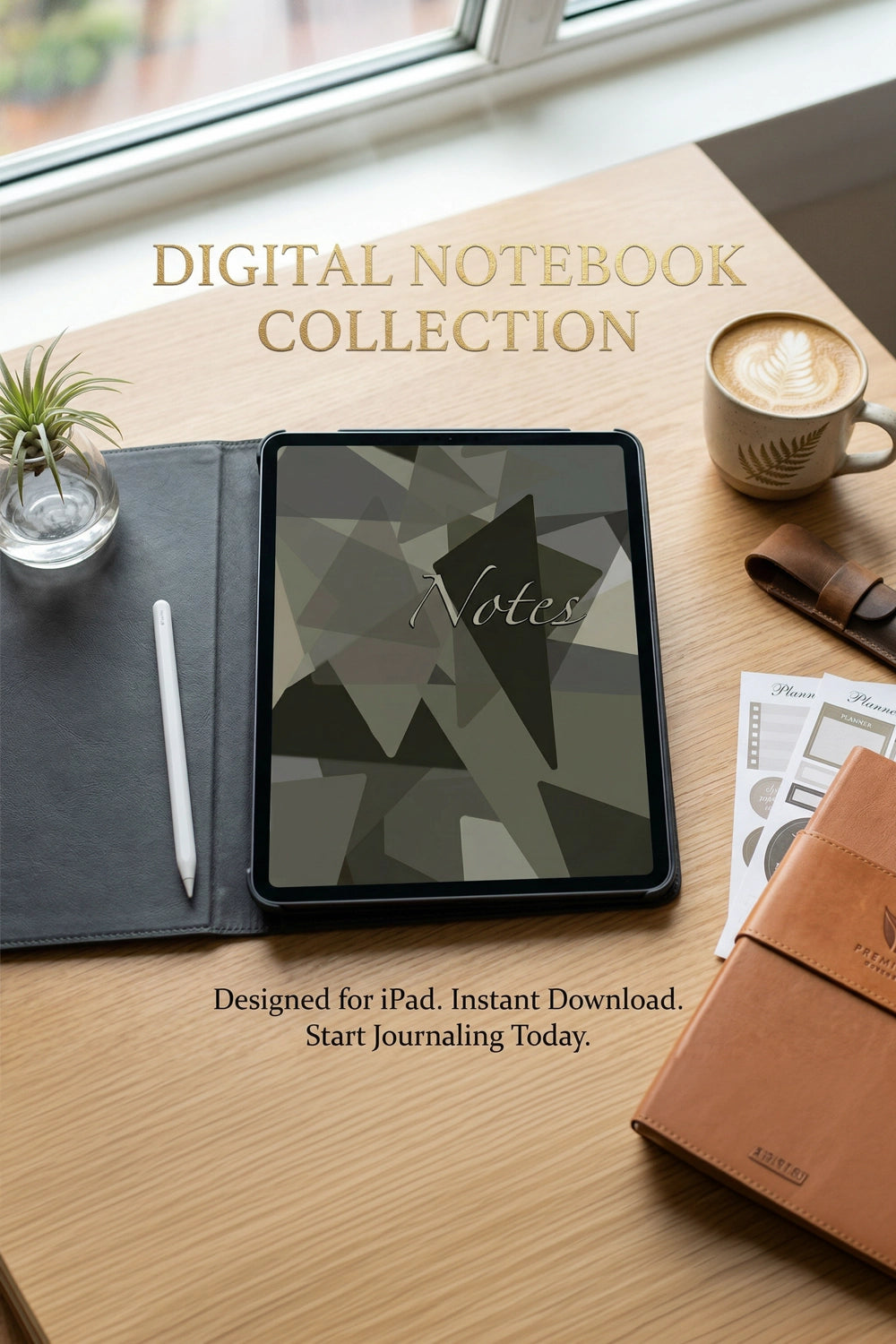 Digital notebook collection with tablet, pen, and coffee on a desk