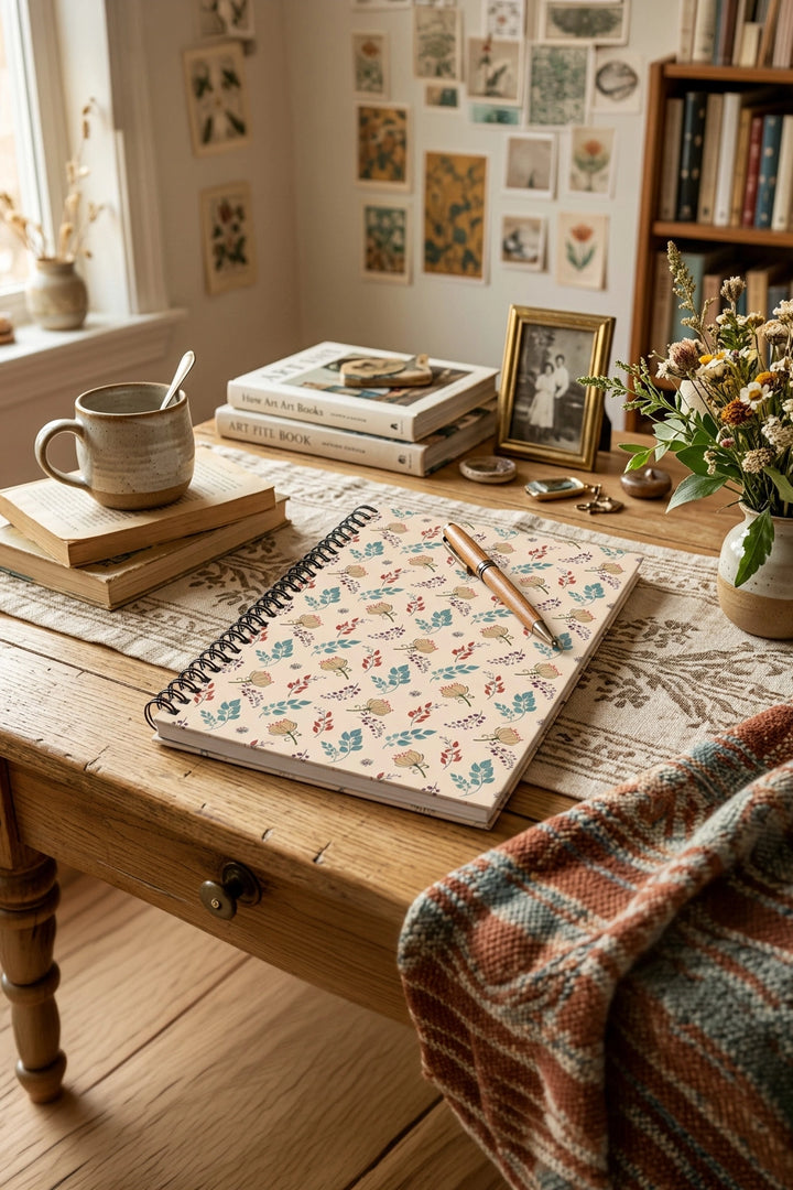 Fall Botanical Journal, Floral Hardcover Notebook with Teal Leaves &amp; Rust Blooms 2
