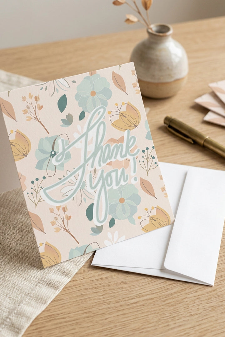 Floral 'Thank You' card on a wooden table with a pen and vase.
