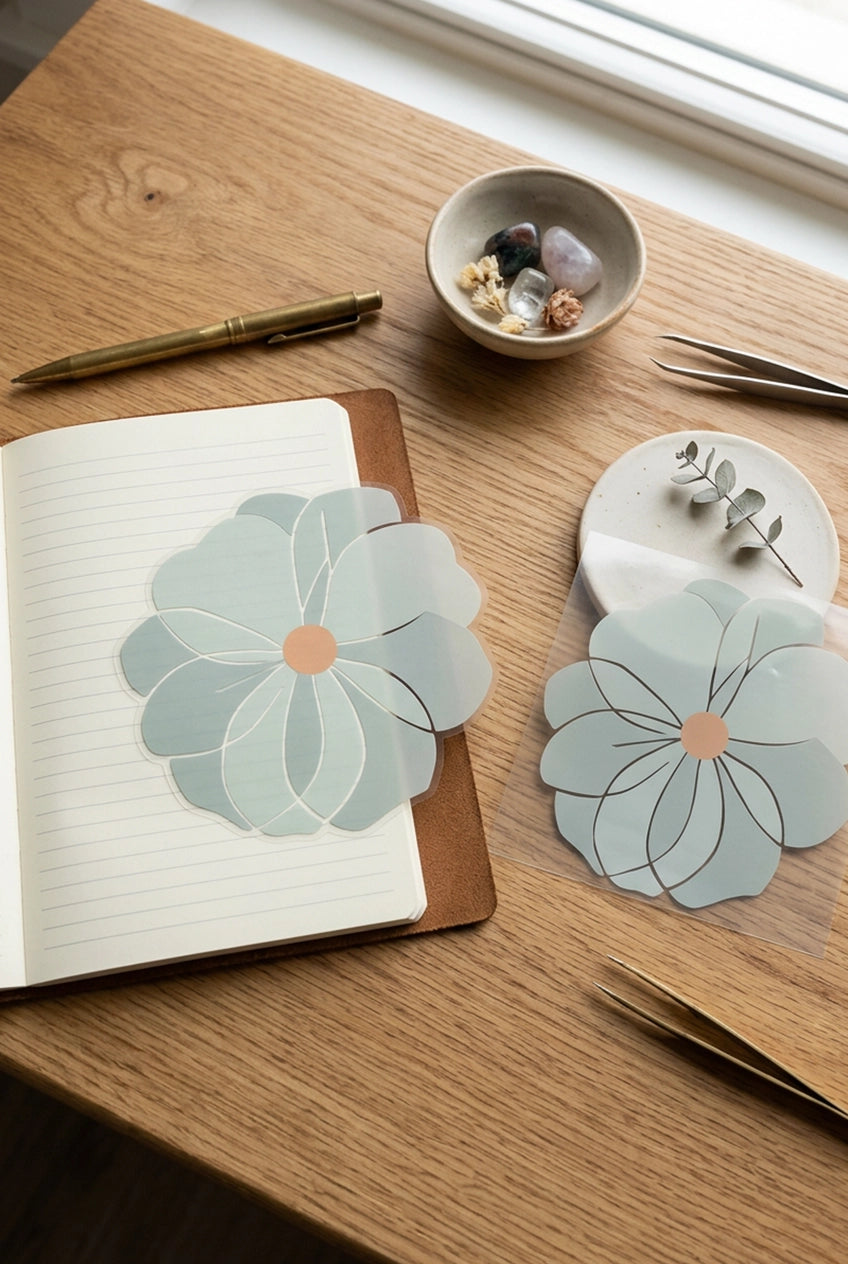 Floral stickers on a notebook with a pen and small bowl on a wooden surface