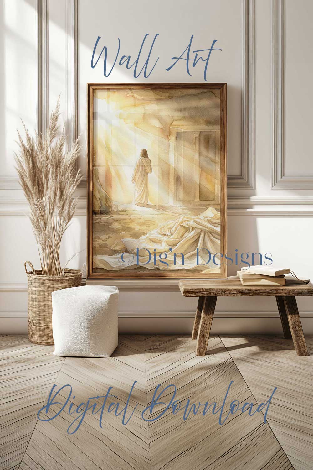 Framed artwork of Jesus walking out of the tomb displayed in a room with decor elements.