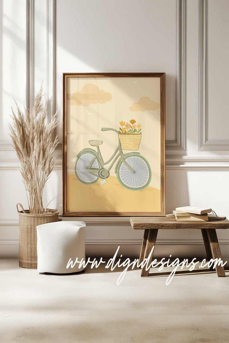 Framed artwork of a bicycle with a basket on a wall in a room with decor elements.