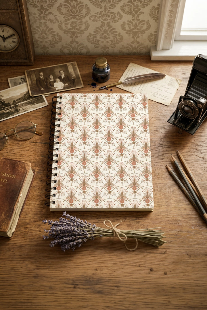 A spiral-bound notebook with a beige and brown damask pattern lies on a rustic wooden desk surrounded by vintage props including a camera, ink bottle, old photographs, glasses, pencils, and a small bundle of lavender.