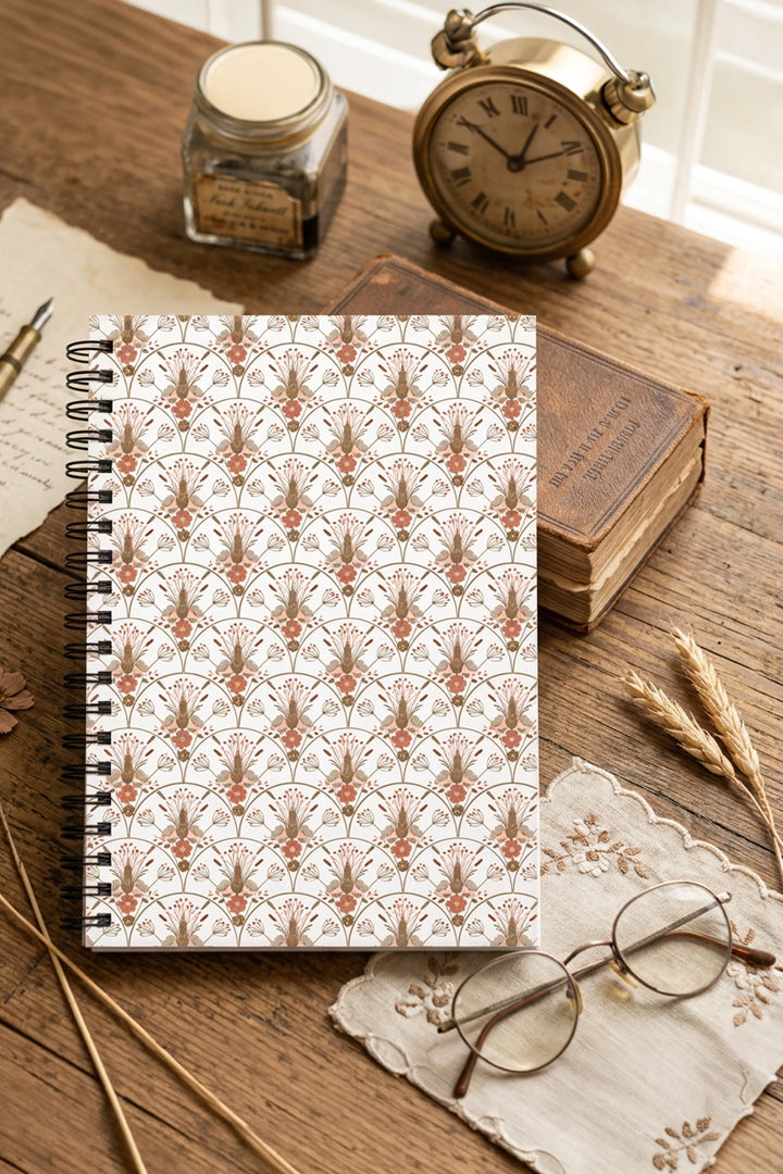 A spiral-bound notebook with a repeating floral and leaf pattern in muted orange-brown and cream, styled on a rustic wooden desk with an antique clock, old book, glasses, and dried wheat.