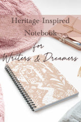 Heritage-Inspired Notebook for Writers & Dreamers with decorative cover and pink textured object.
