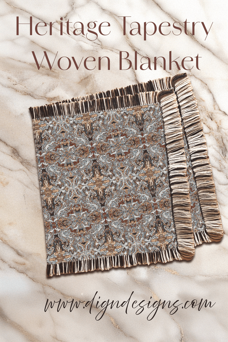 Heritage Tapestry Woven Blanket with decorative fringes on a marble surface, featuring the brand Dig'n Designs'.