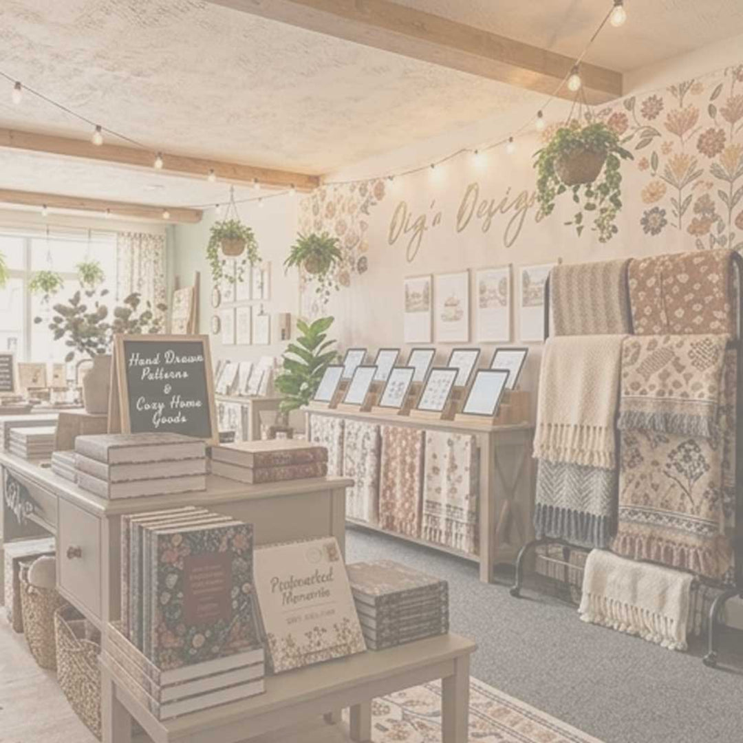 Interior of a home decor store with books, fabric samples, and decorative items.