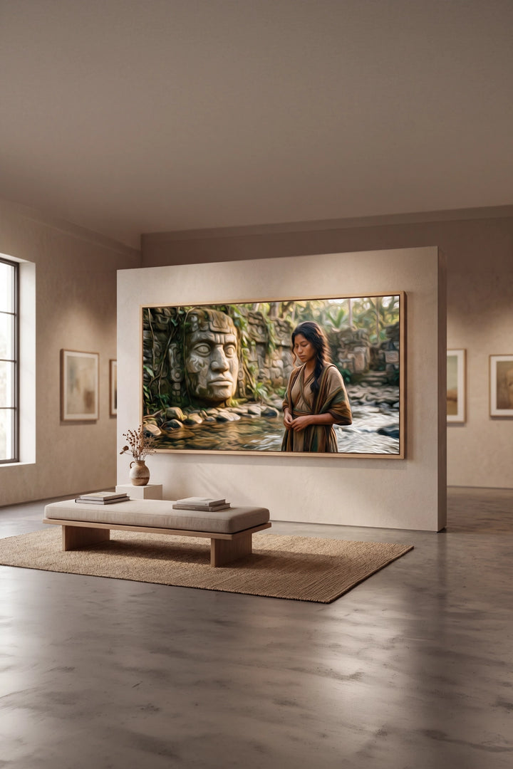 Living room with a large TV displaying an image of a woman and a statue, with a neutral color scheme.