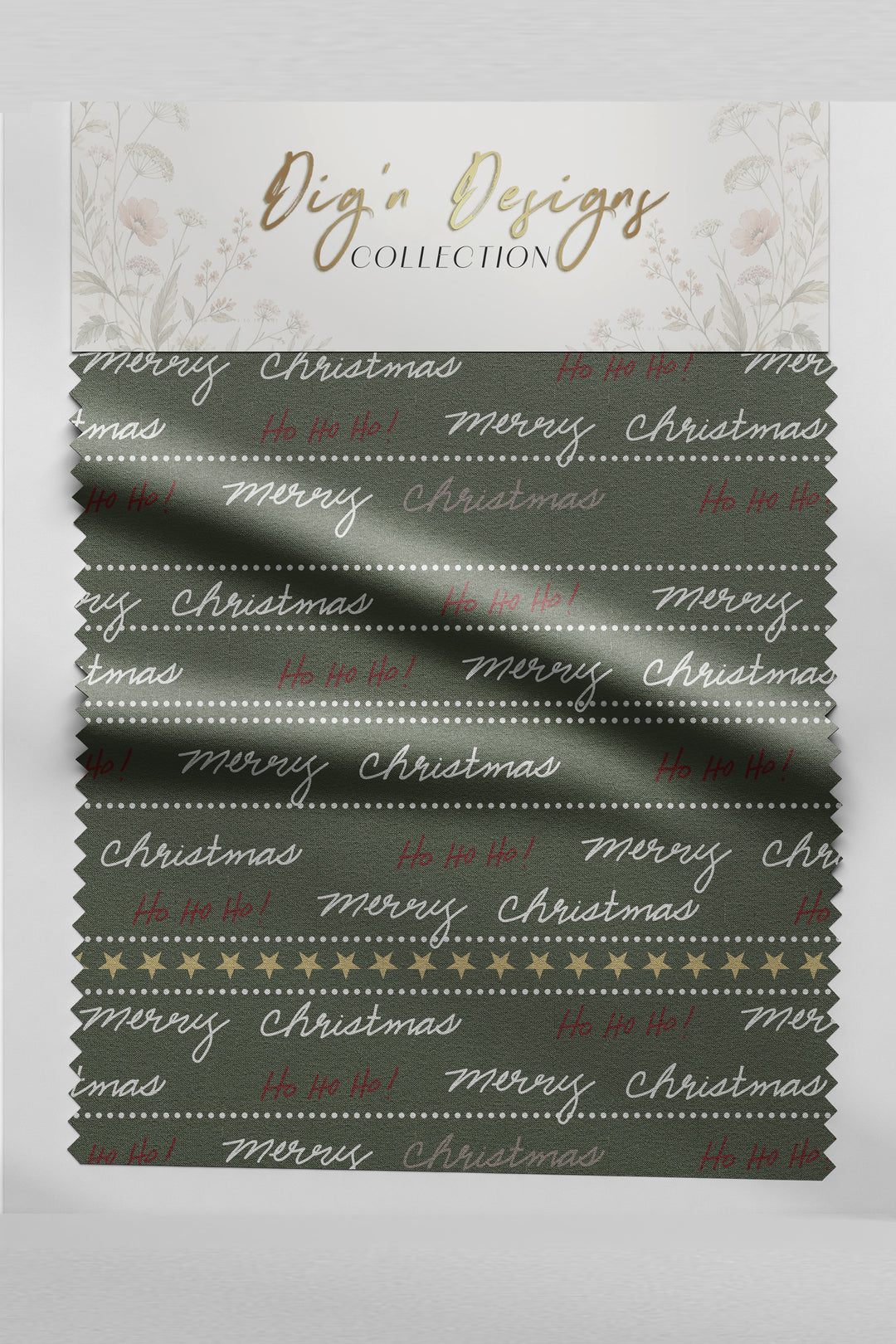 Merry Little Letters Christmas fabric swatch with handwritten merry Christmas script, red Ho Ho Ho accents and gold stars on evergreen, from the Hearth & Holly Collection by Dig'n Designs
