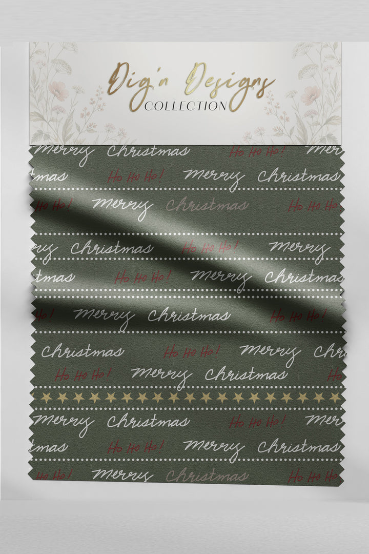 Merry Little Letters Christmas fabric swatch with handwritten merry Christmas script, red Ho Ho Ho accents and gold stars on evergreen, from the Hearth &amp; Holly Collection by Dig&