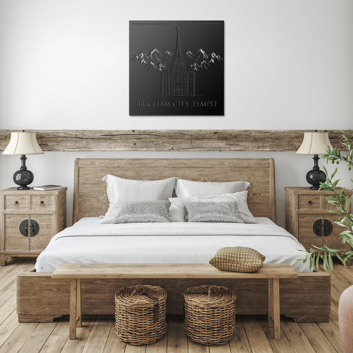 Metal cut out sign of brigham city temple outline
