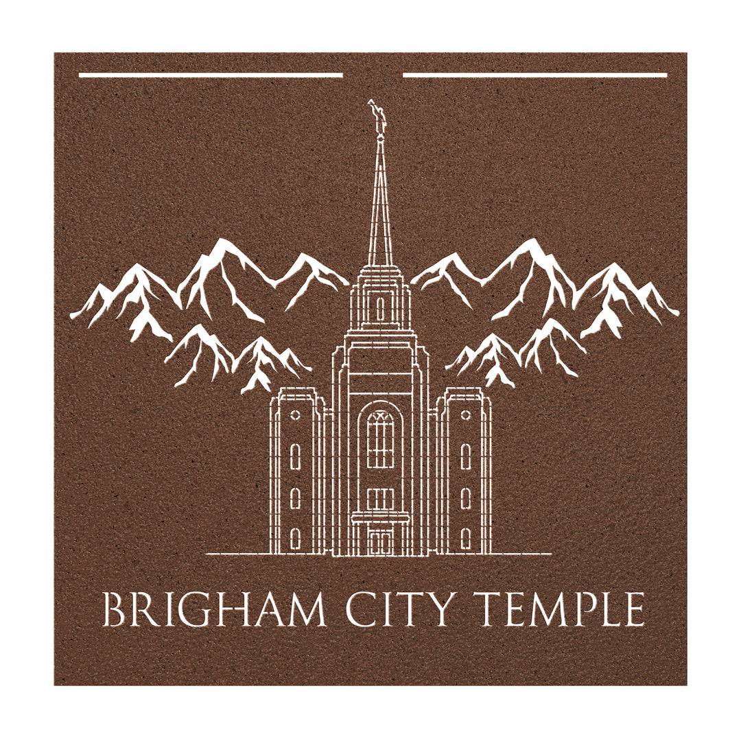 Metal cut out sign of brigham city temple outline