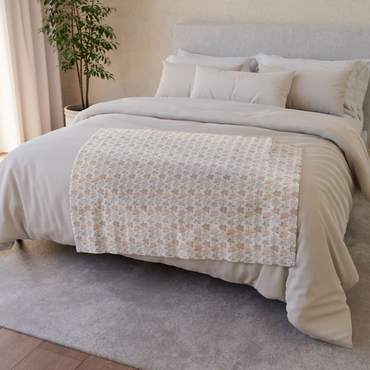 Minky Feel -Neutral Earth Tone Muted Flower Polyester Blanket - Perfect for Home Decor and Gifts - small size displayed on bed