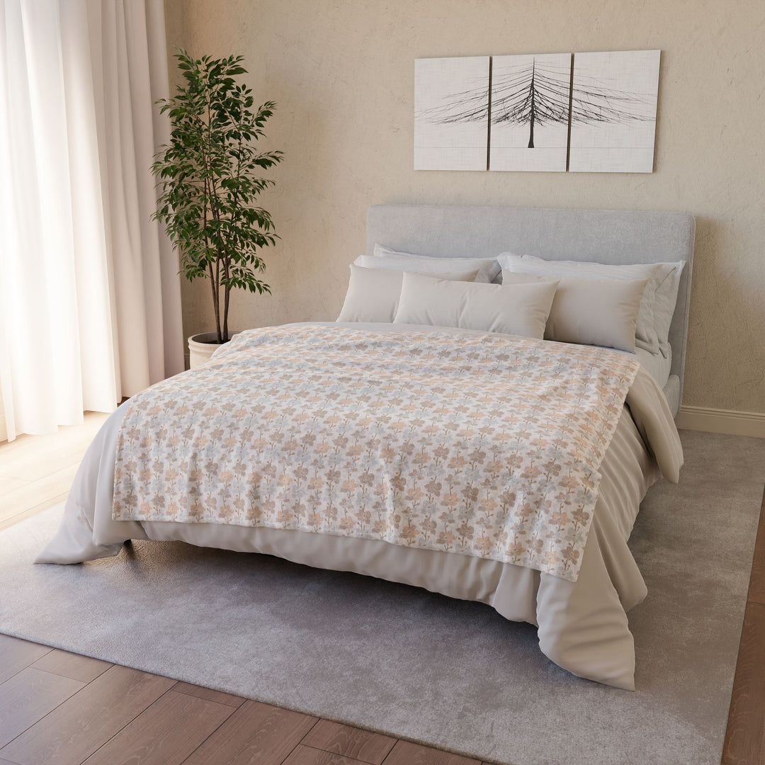 Minky Feel -Neutral Earth Tone Muted Flower Polyester Blanket - Perfect for Home Decor and Gifts - medium size displayed on bed