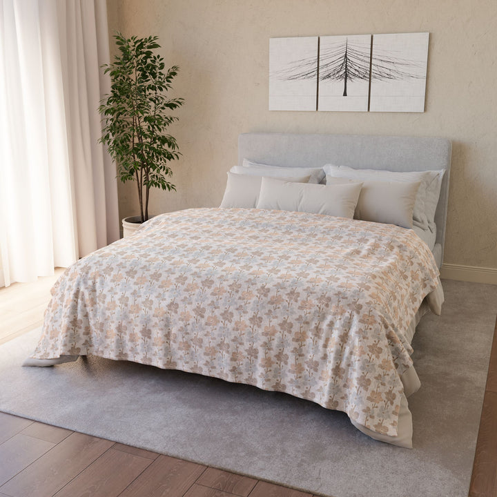 Minky Feel -Neutral Earth Tone Muted Flower Polyester Blanket - Perfect for Home Decor and Gifts - biggest sie displayed on the bed