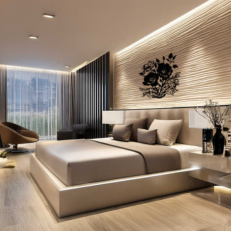 Modern bedroom with a large bed, decorative wall art, and city view.